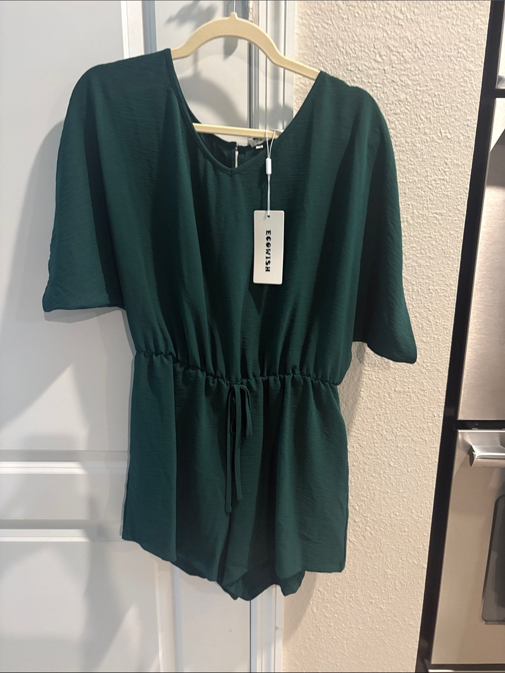 Ecowish Forest Green V-Neck Waist-Tie Romper